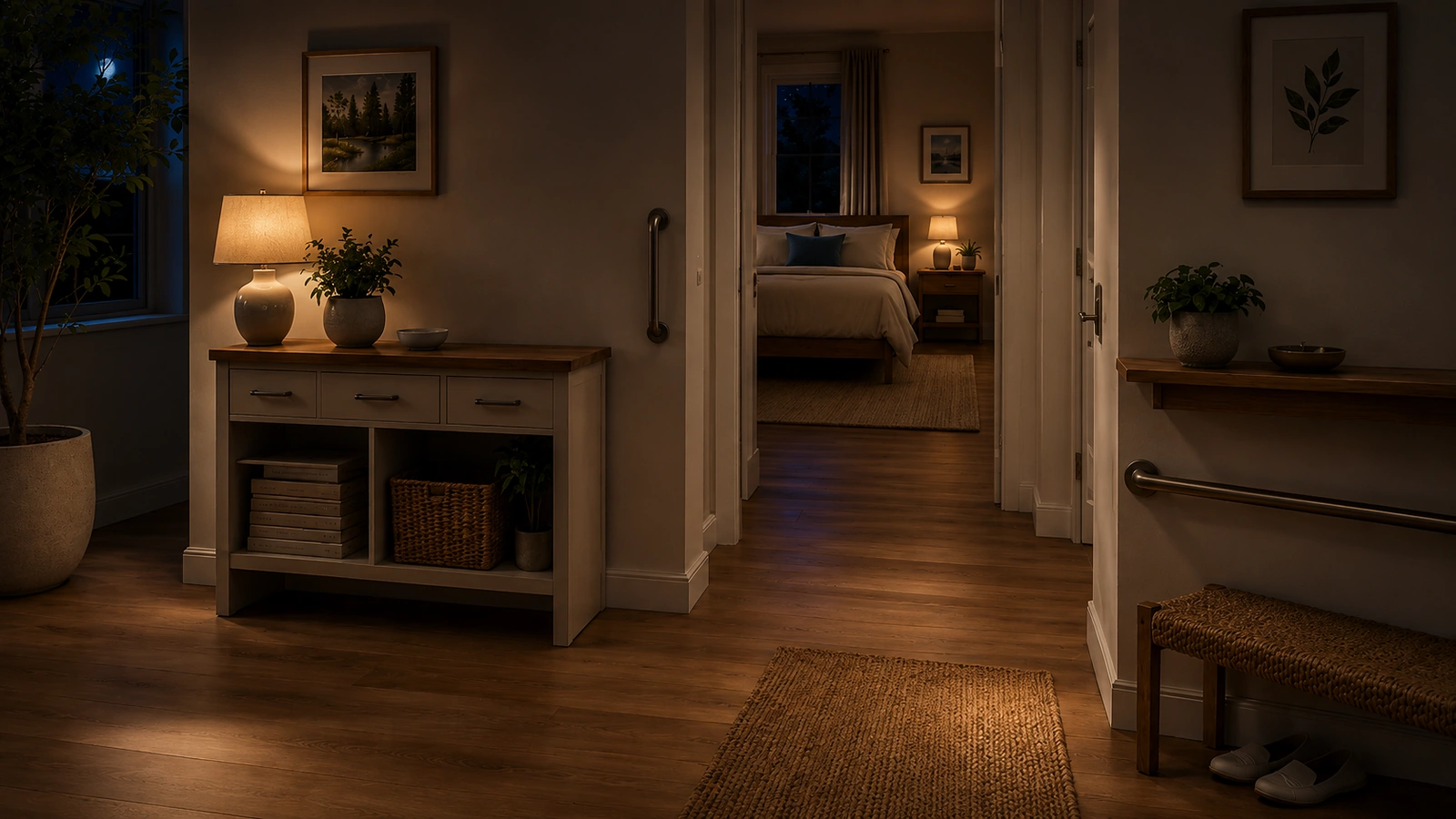 The same entryway and grab bar shown softly lit at night