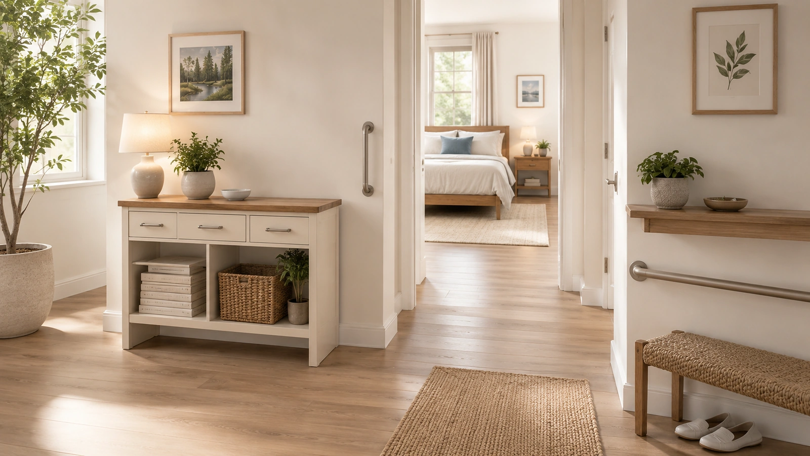 A home entryway with a wall-mounted grab bar and a clear, well-lit path