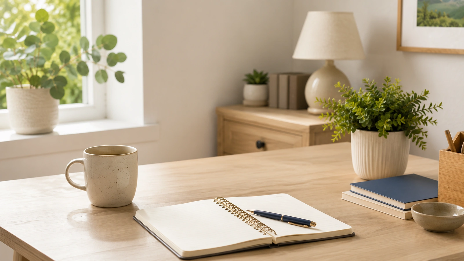 An open notebook, pen, and mug on a sunlit desk