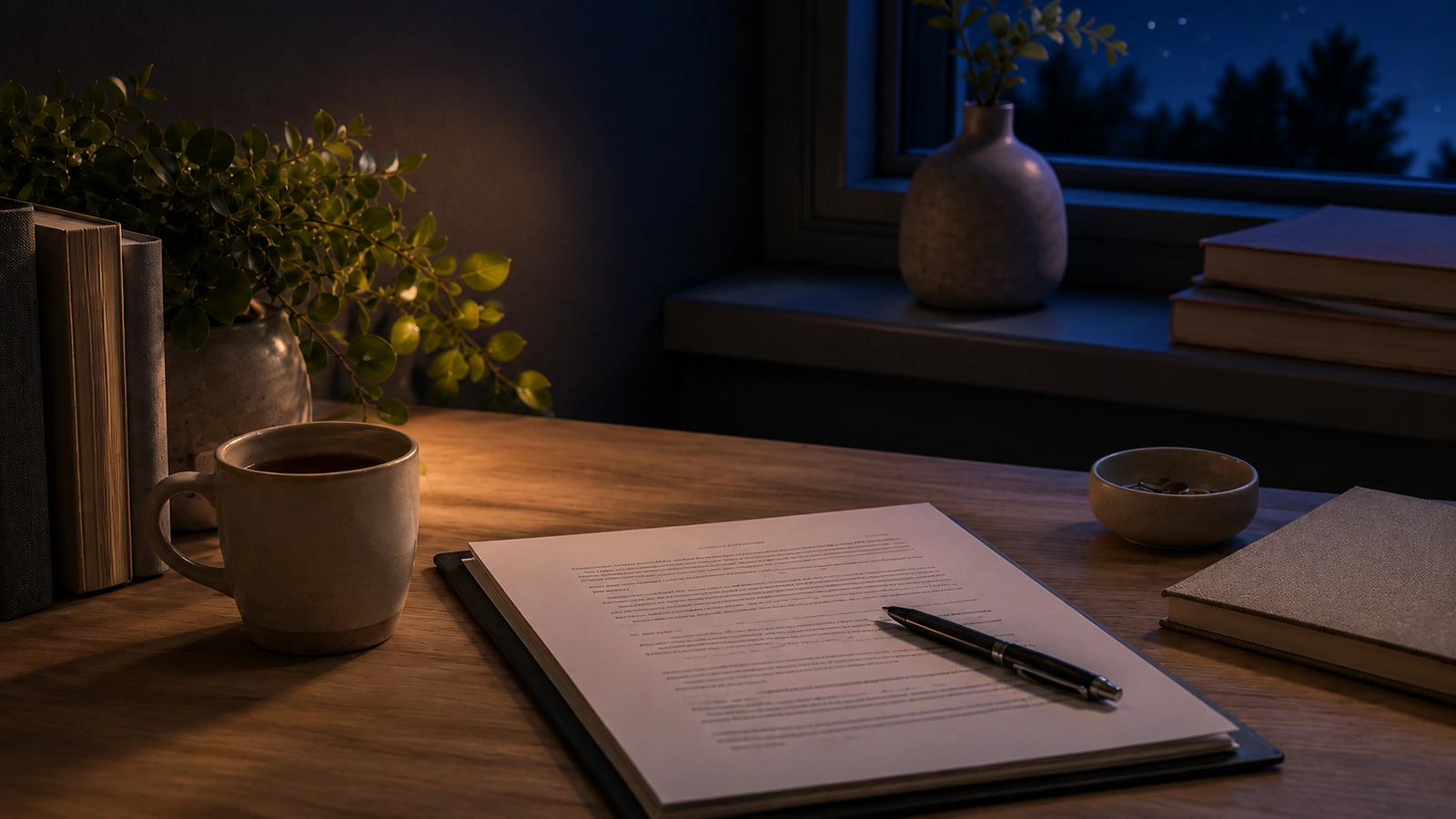The same document and pen on a lamplit desk at night
