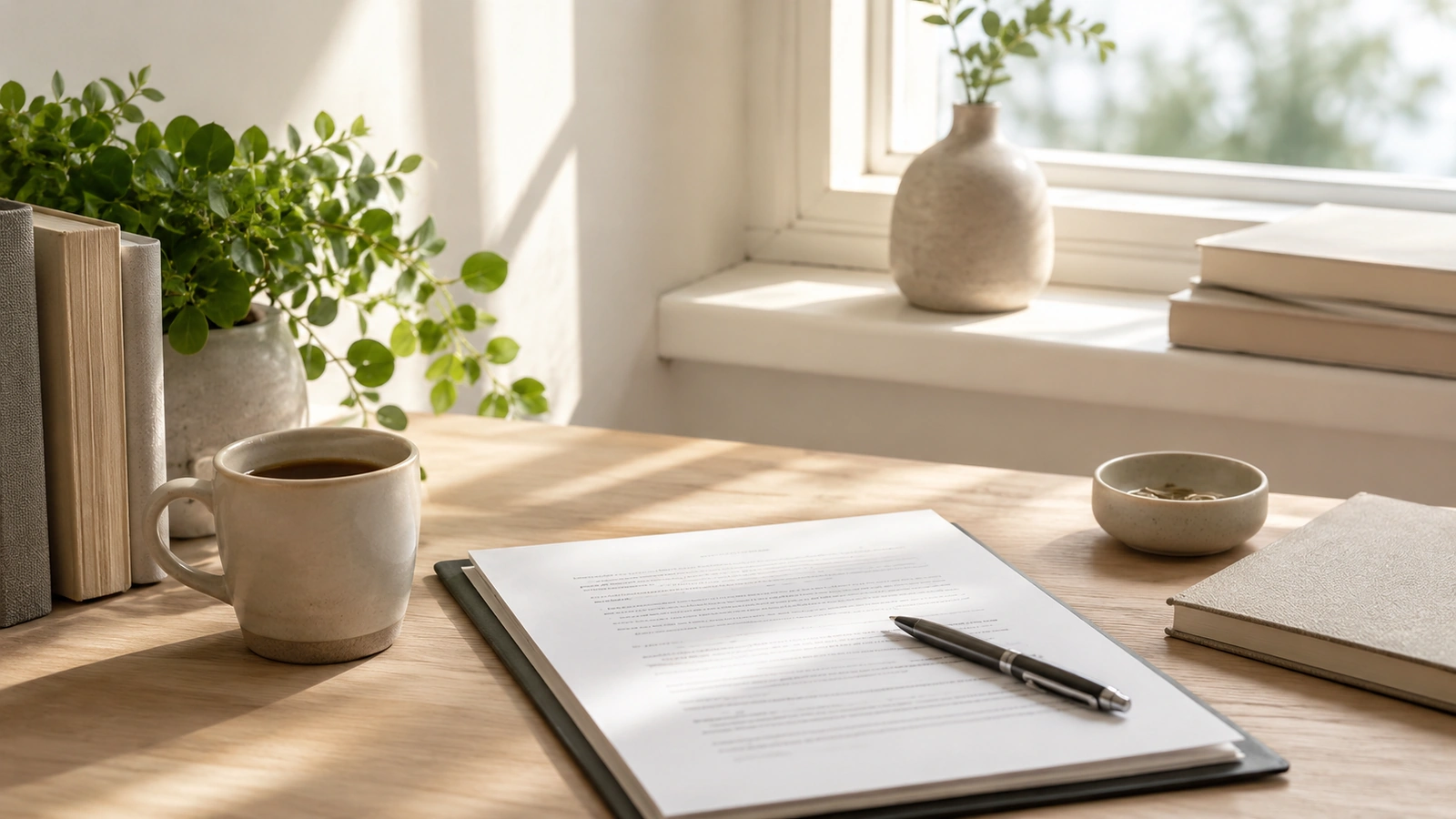 A printed document and pen on a sunlit desk with books nearby