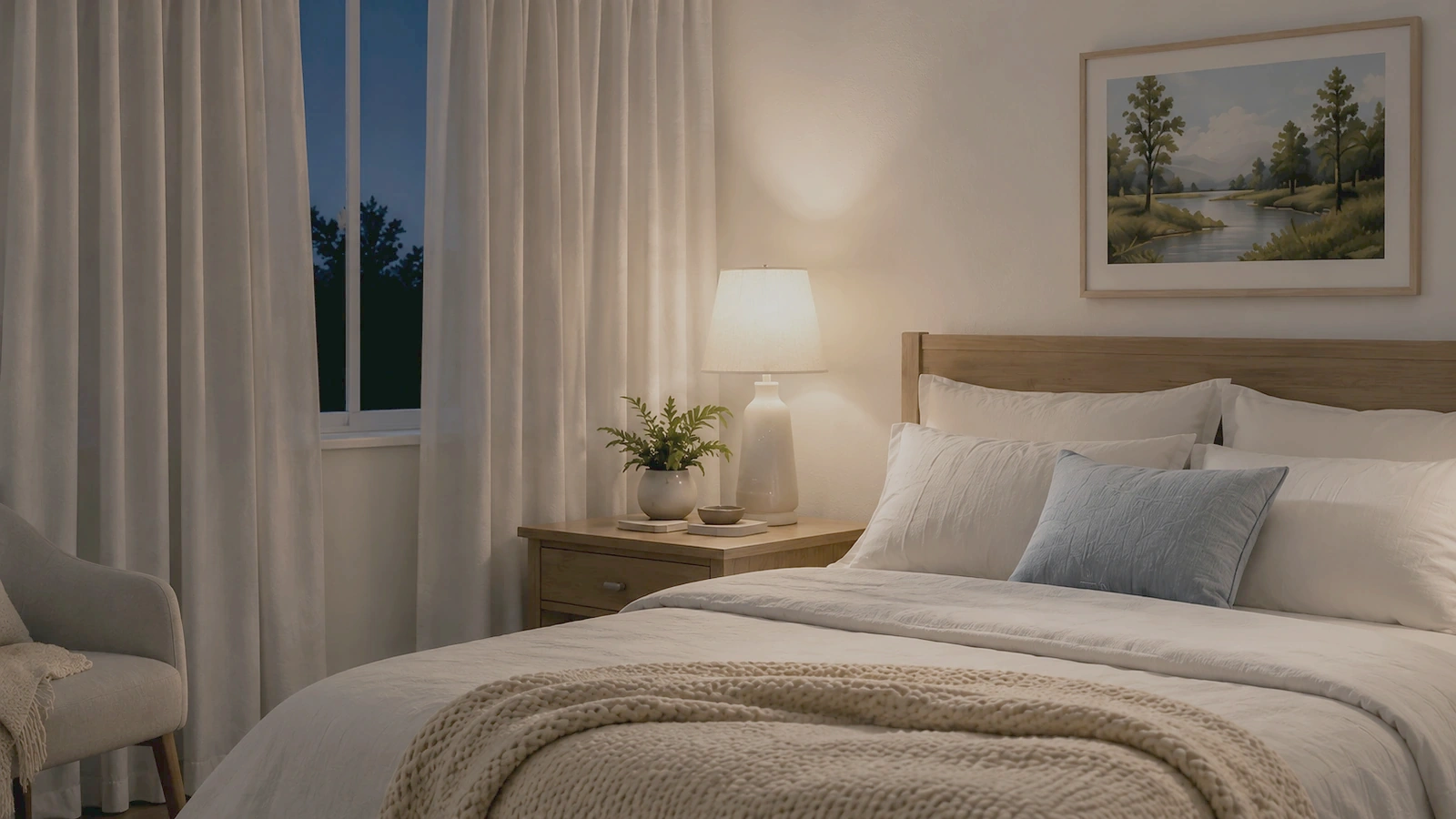 The same curtained bedroom window shown at night