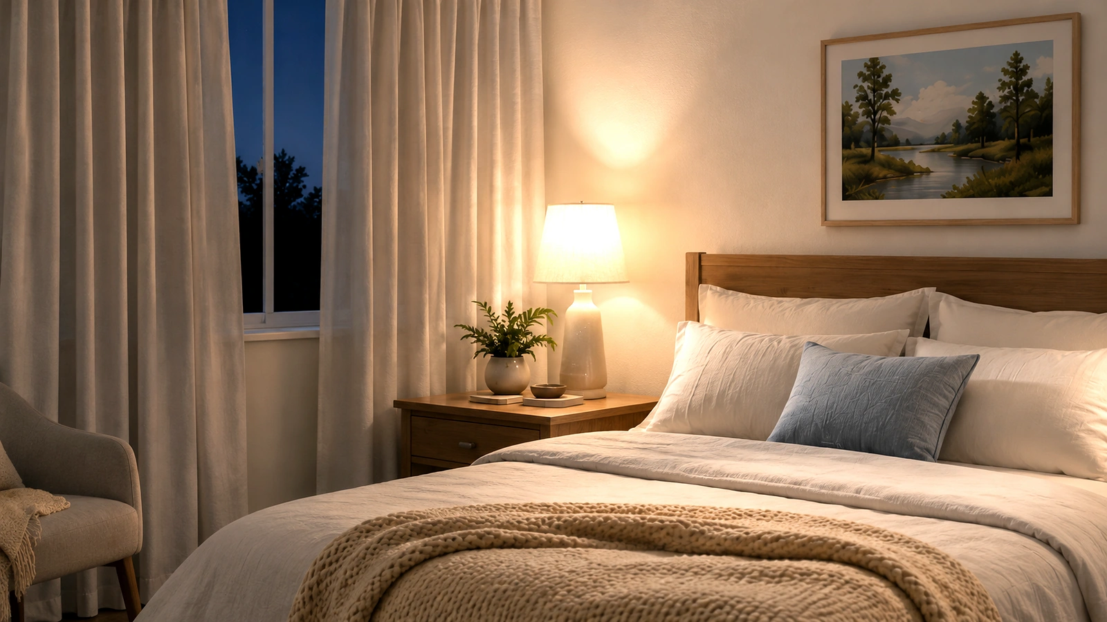 A bedroom with soft curtains partly drawn against the evening sky