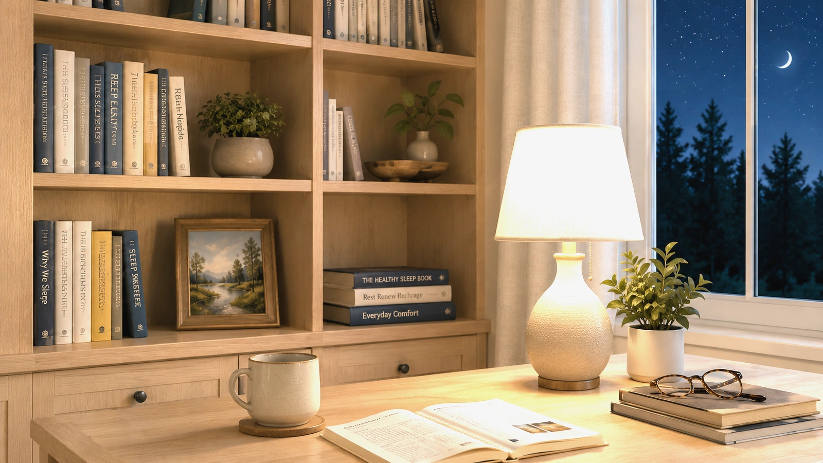 A bookshelf of sleep guides with a desk lamp, mug, and reading glasses