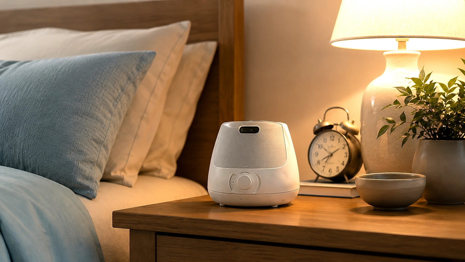 A white-noise machine on a nightstand beside a lamp and alarm clock
