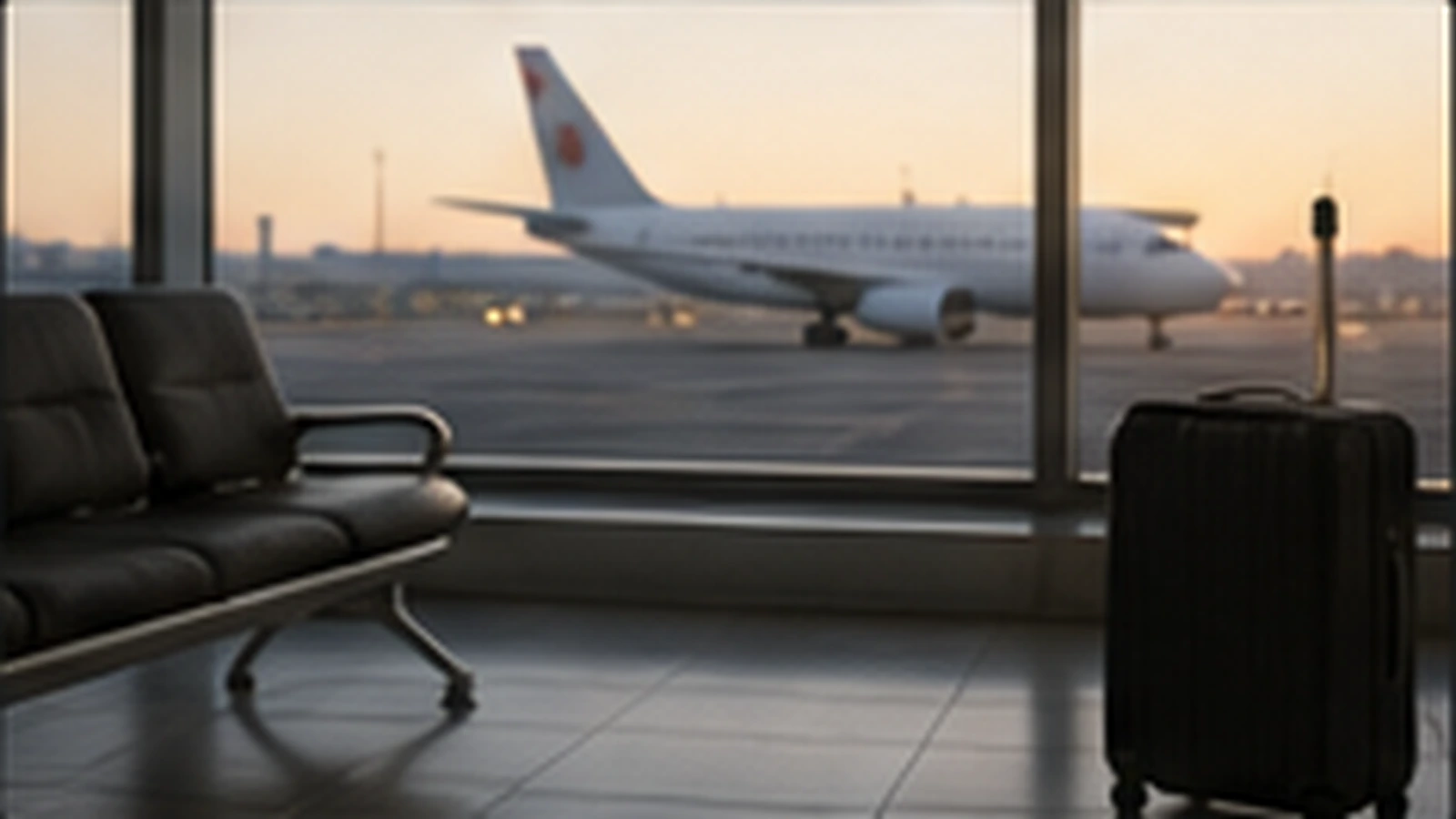 A suitcase by an airport window with a plane on the tarmac at sunset